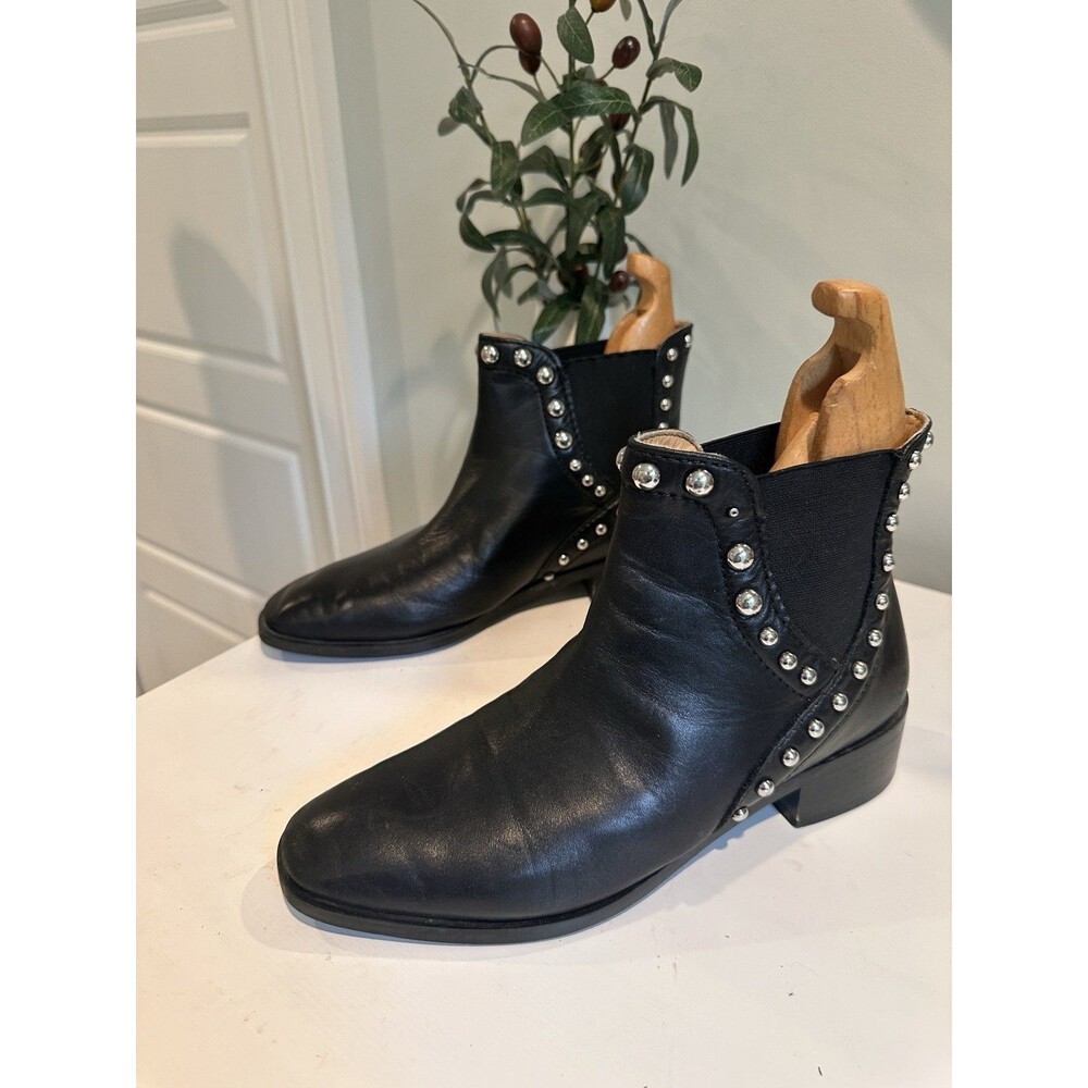Zara Black Leather Studded Chelsea Ankle Boots Silver Hardware Size 38 US 7.5